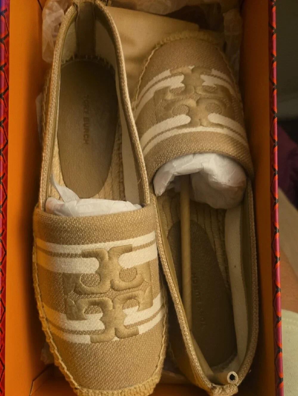 Tory Burch Cammello and Ash White Double T Jacquard Espadrille